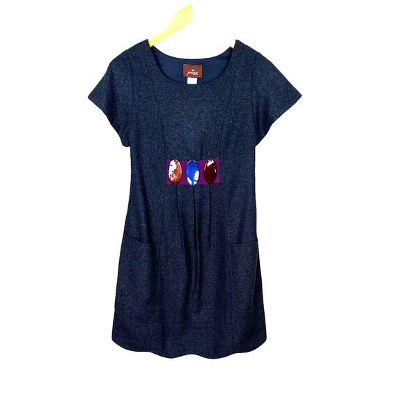 TAJ by Sabrina Crippa Precious Stones Embellished Gray Wool Pocket Dress Small - Picture 1 of 6
